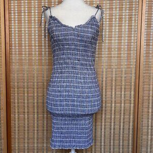 Blue and white plaid mini stretchy mini dress with tie straps